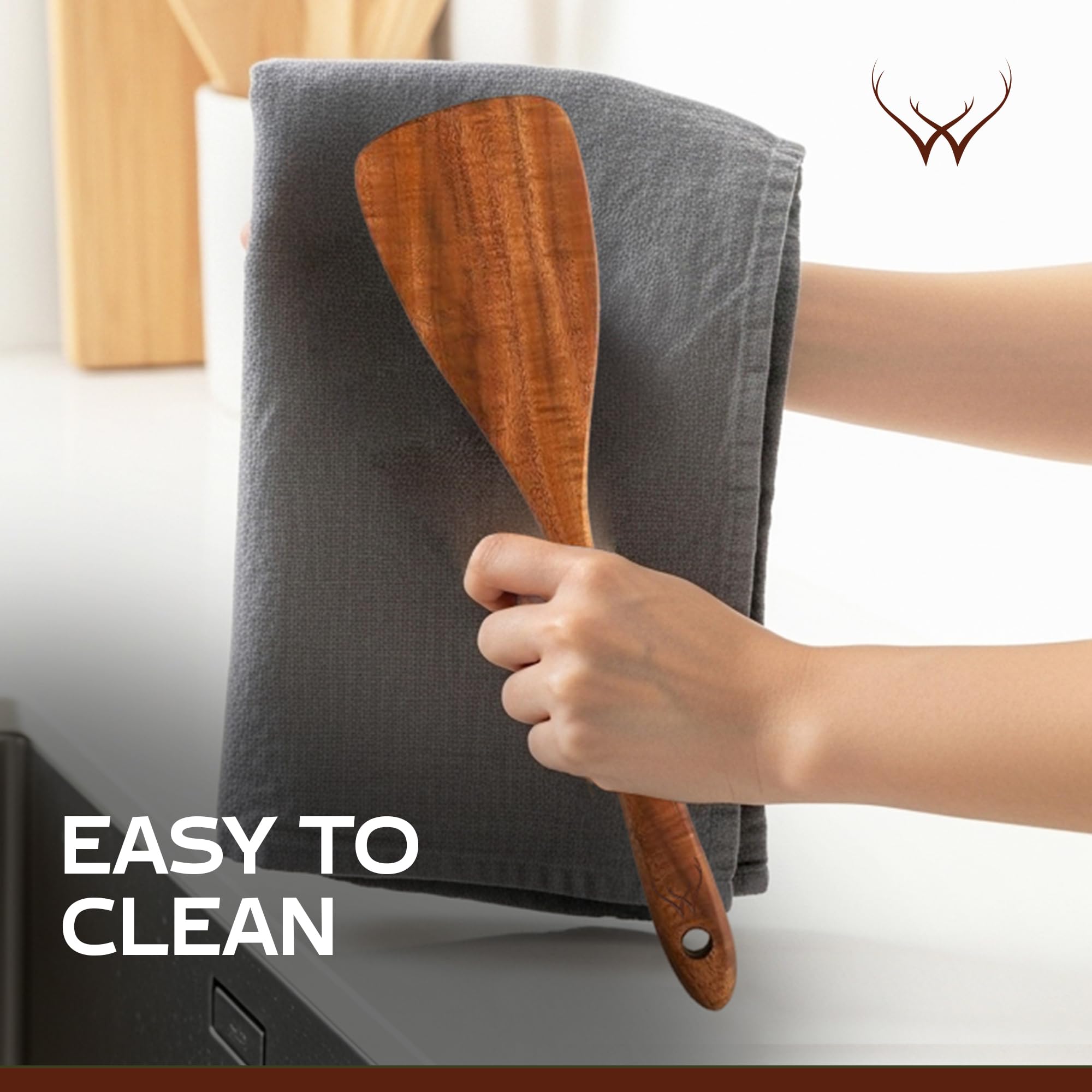 Woodlands USA non-scratch spatula protects nonstick pans during cooking.