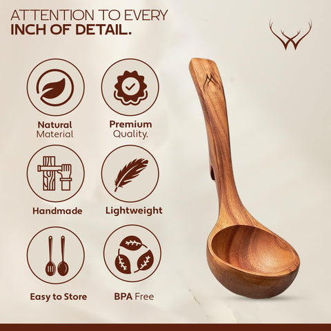Woodlands USA hook-handle ladles offer secure, comfortable grip during cooking.