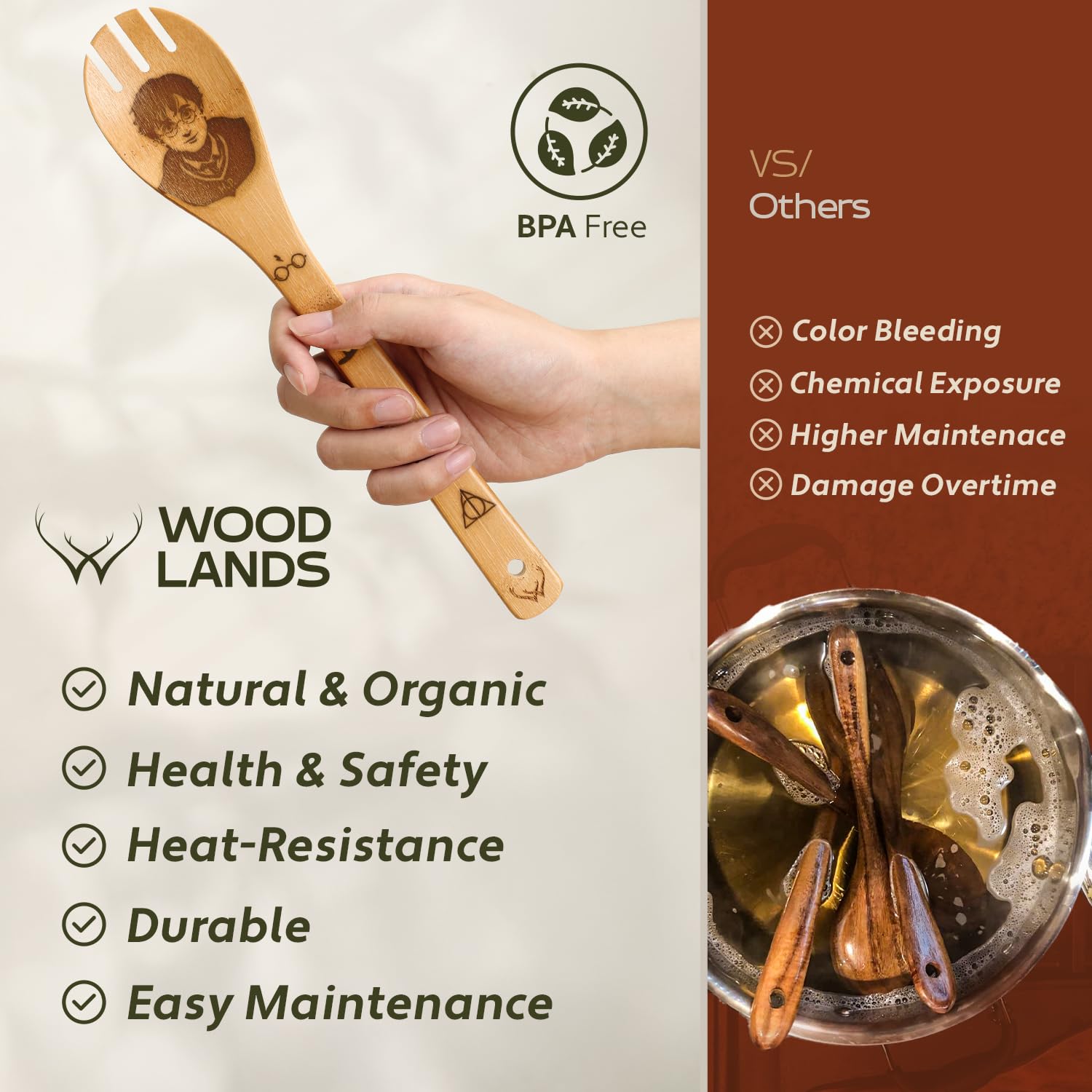 Nonstick-safe Woodlands USA utensils safeguard pans with scratch-free design