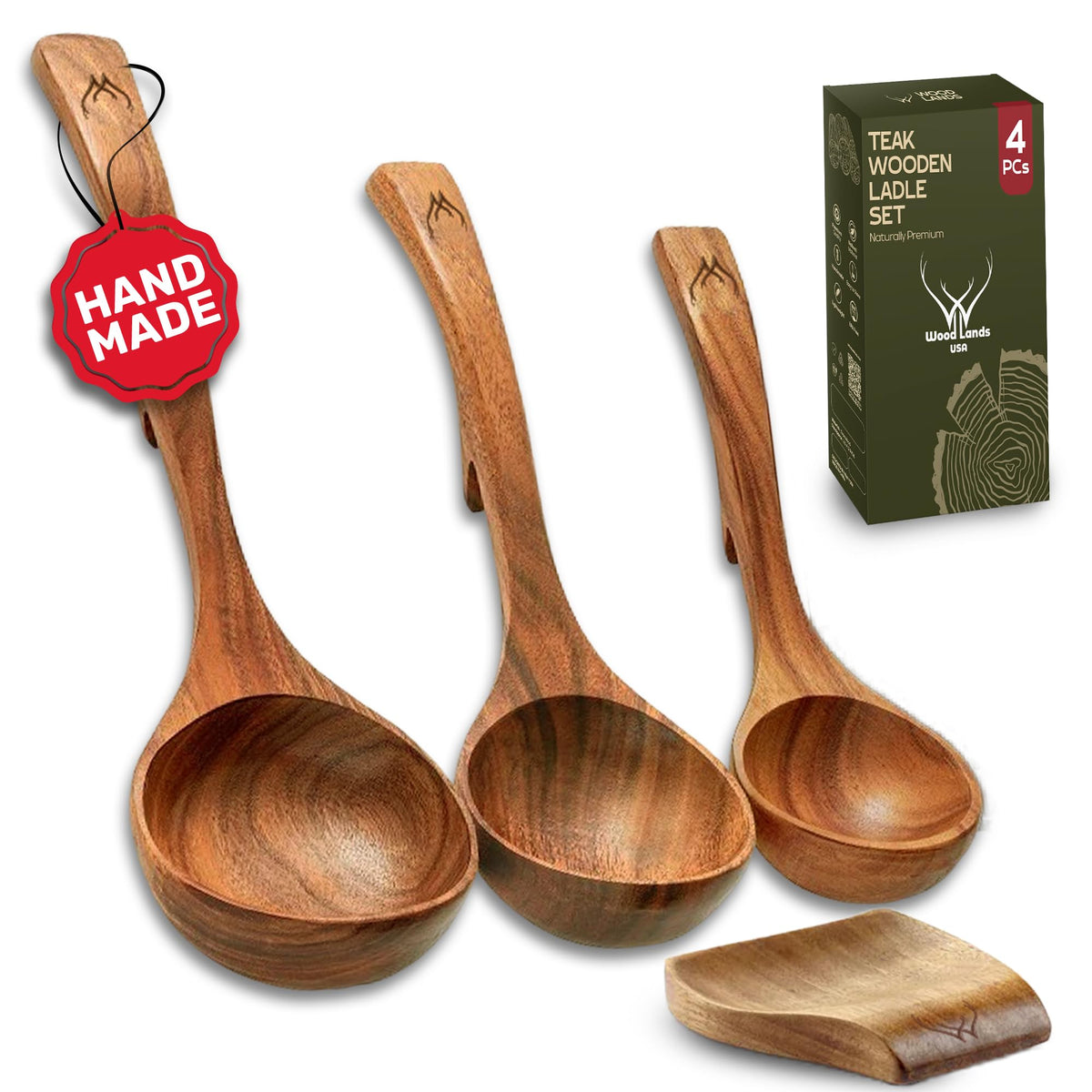 Woodlands USA teak ladle large for stirring soups and serving without scratching pans.
