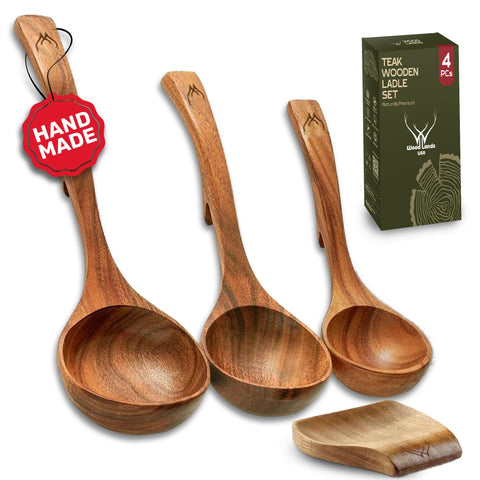 Woodlands USA teak ladle large for stirring soups and serving without scratching pans.