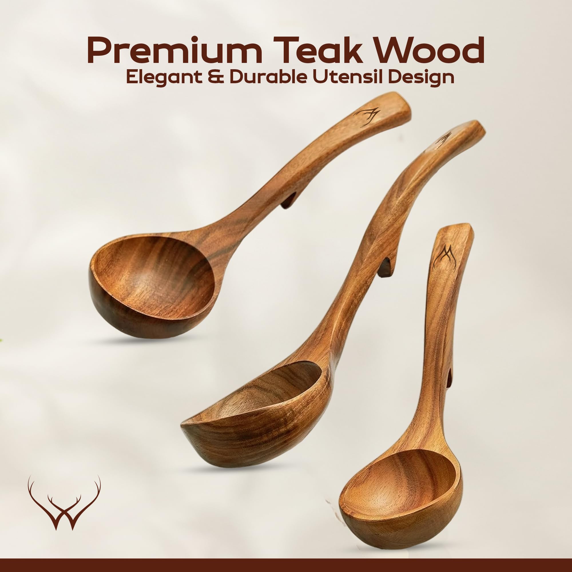 Woodlands USA teak ladle medium ideal for sauces and curries with a comfortable grip.