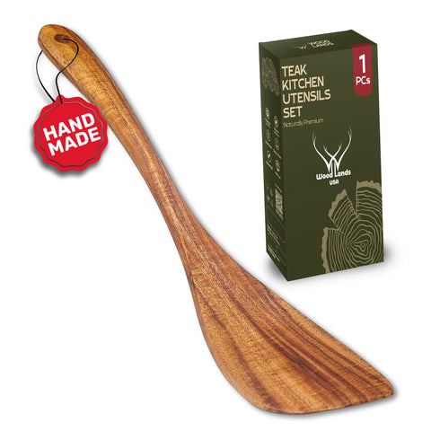 Woodlands USA teak spatula with long handle for safe flipping.