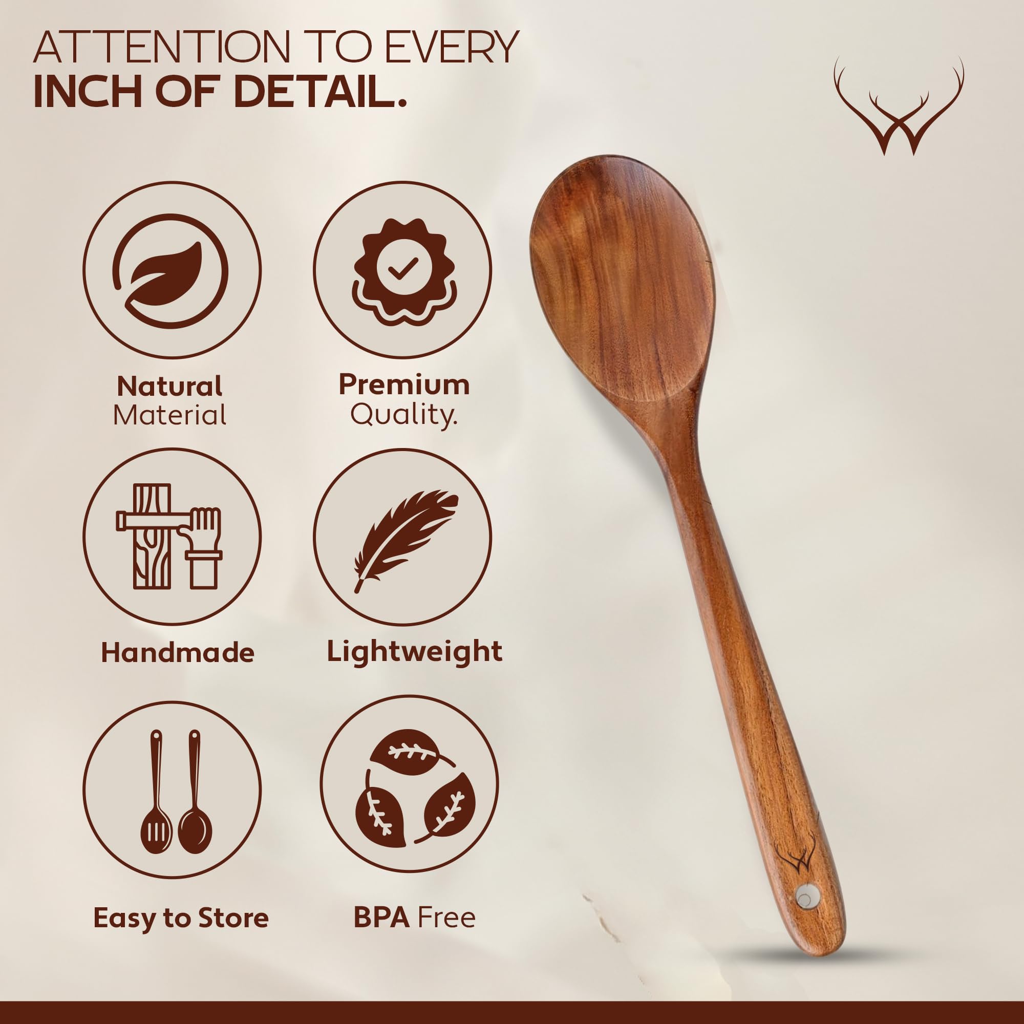 WOODLANDS USA teak spoon grain closeup showing premium craftsmanship.