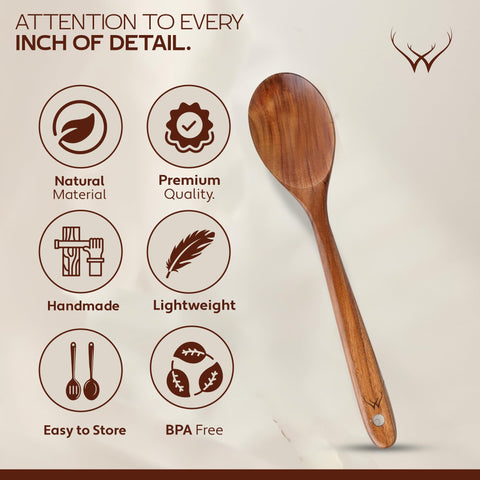 WOODLANDS USA teak spoon grain closeup showing premium craftsmanship.