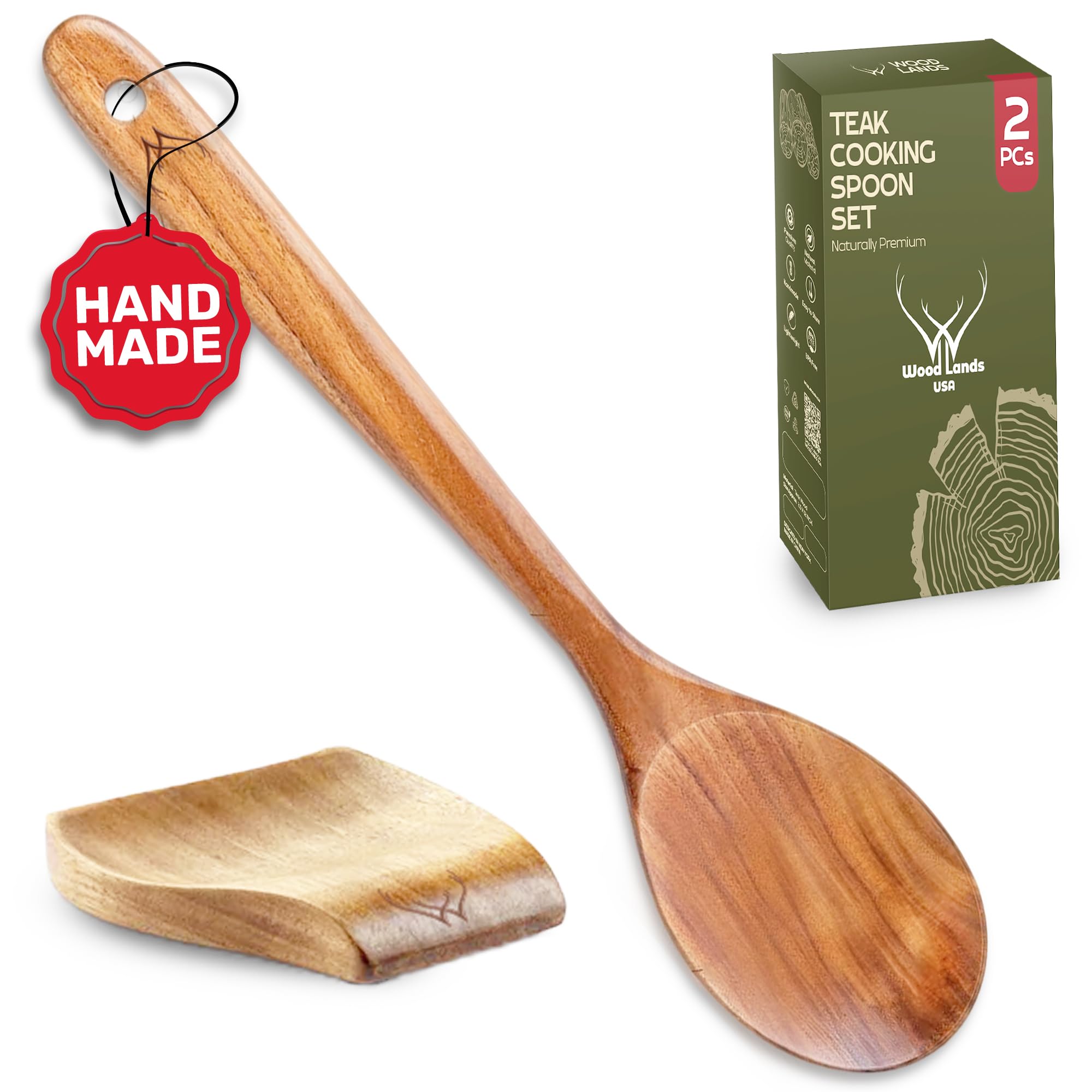 WOODLANDS USA teak spoon long-handle for smooth stirring.