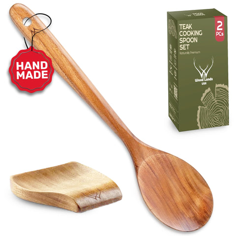WOODLANDS USA teak spoon long-handle for smooth stirring.