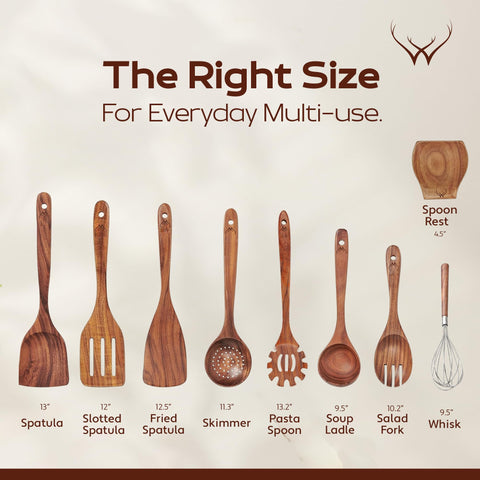 WOODLANDS USA teak spoons 9pc set frying-spatula ideal for flipping and sautéing.