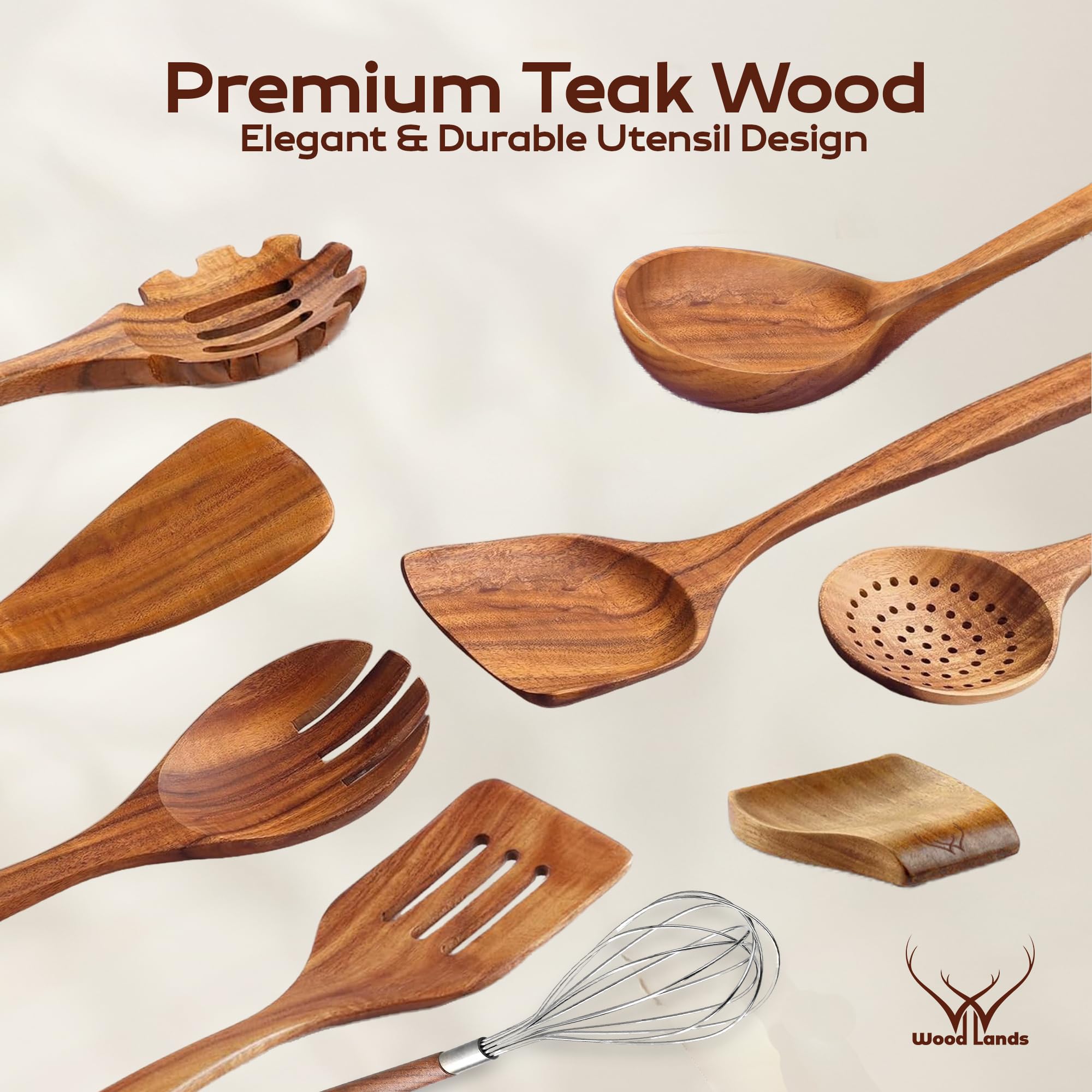 WOODLANDS USA teak spoons 9pc set slotted-spatula for safe stirring and scraping.