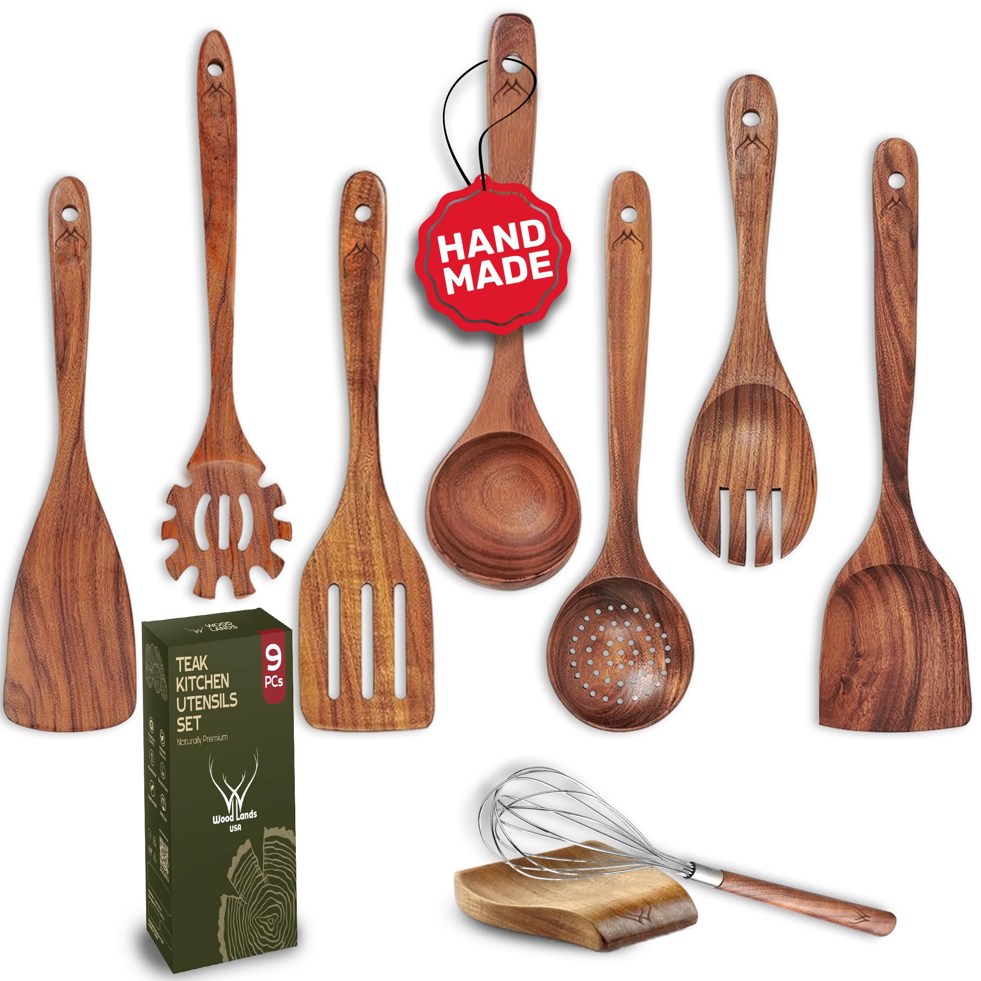WOODLANDS USA teak spoons 9pc set with spatula for durable kitchen versatility.