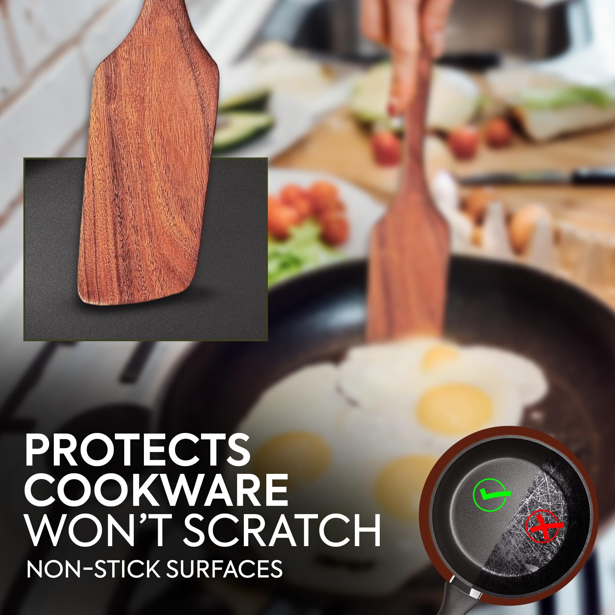 Woodlands USA teak flat spatula—comfortable grip for flipping and sautéing without bending.