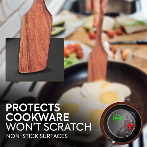 Woodlands USA teak flat spatula—comfortable grip for flipping and sautéing without bending.