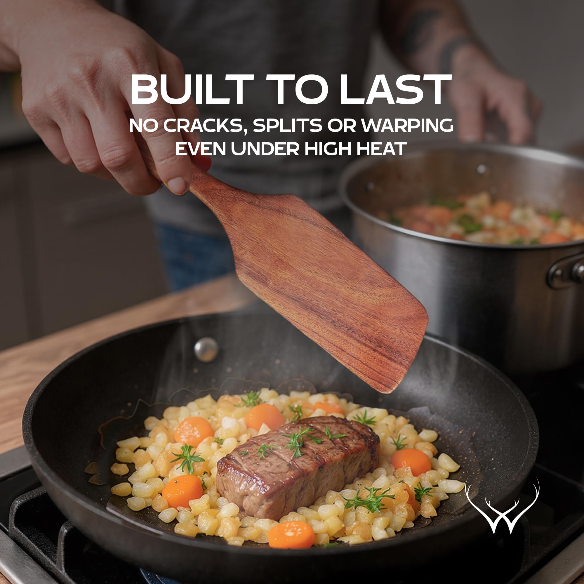 Woodlands USA teak spatula scraper—ergonomic one-piece design reduces fatigue during stirring.