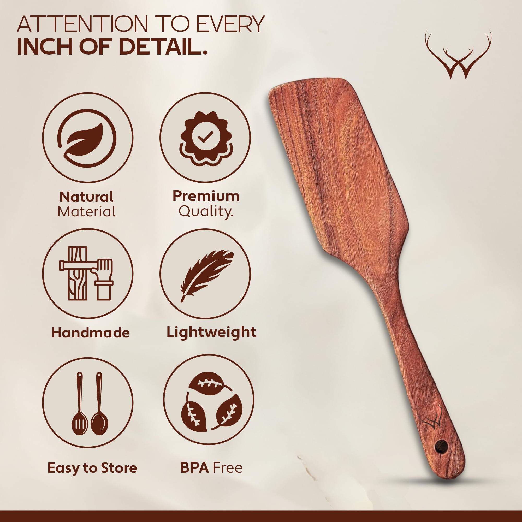 Woodlands USA teak turner—safe for nonstick pans and smooth edges prevent scratches.