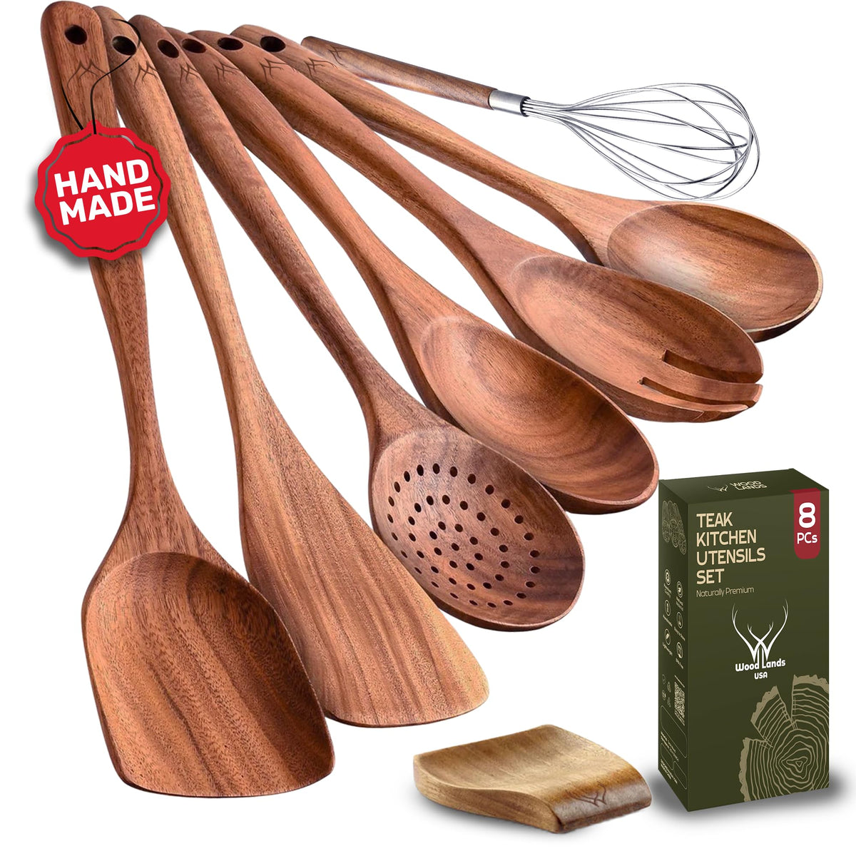 WOODLANDS USA teak utensil rest on counter to keep workspace organized
