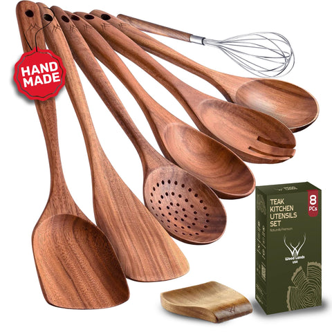 WOODLANDS USA teak utensil rest on counter to keep workspace organized