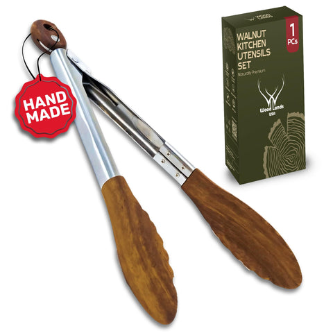 Woodlands USA walnut tongs for cooking with ergonomic grip and heat resistance.