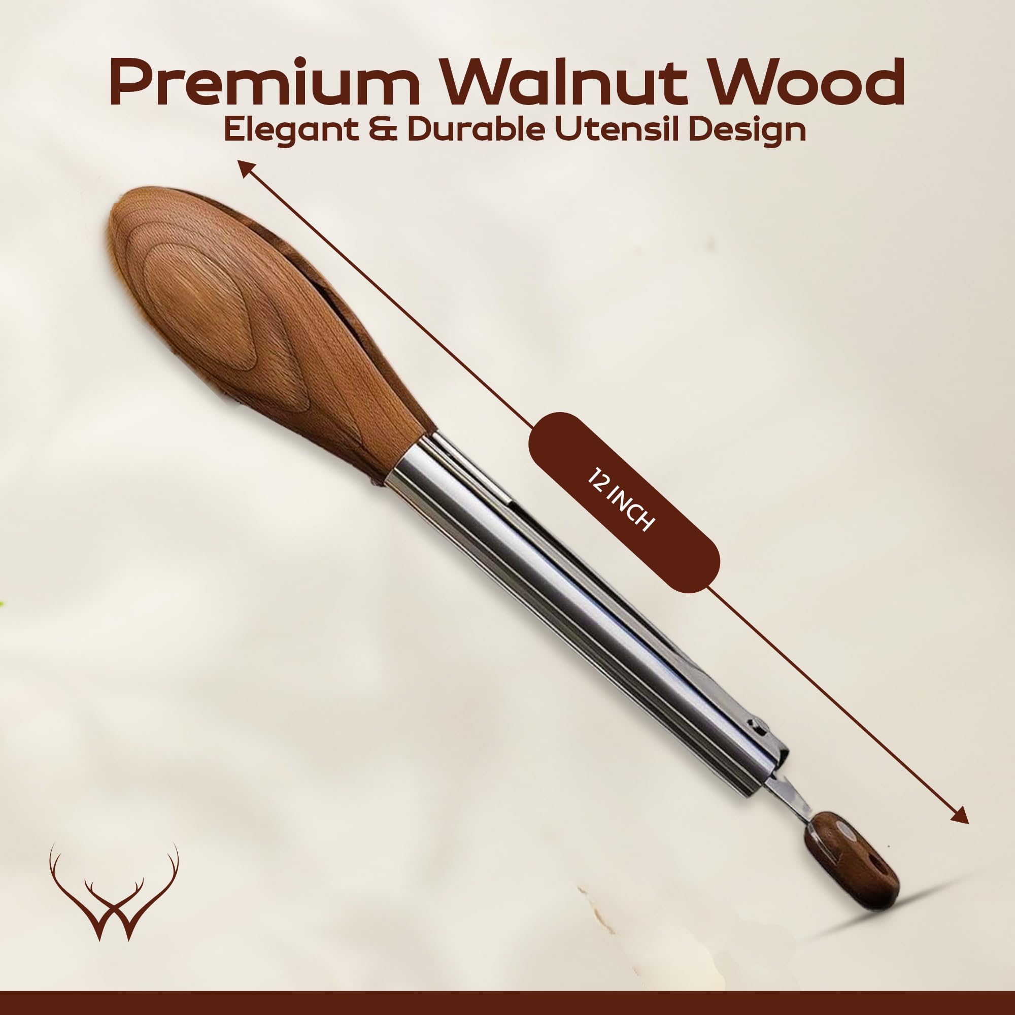 Woodlands USA walnut tongs grilling for precise turning and control.