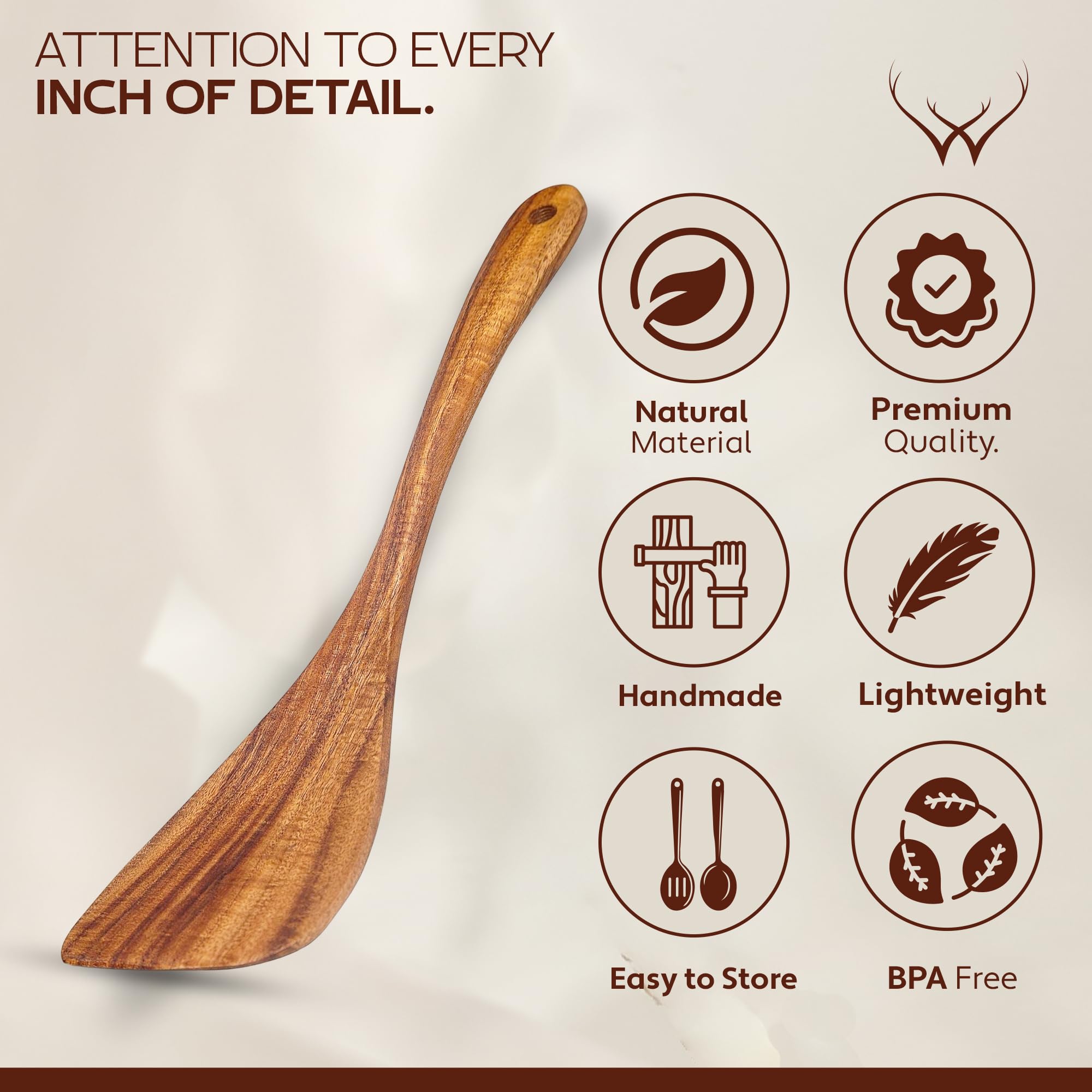Woodlands USA teak spatula with smooth surface, easy cleaning.