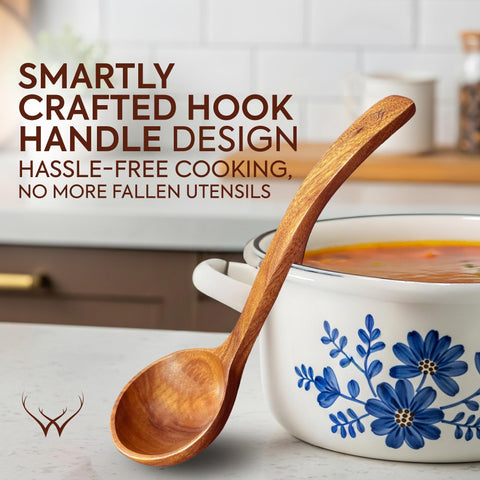 Woodlands USA wooden spoon for stirring and serving without scratching cookware.