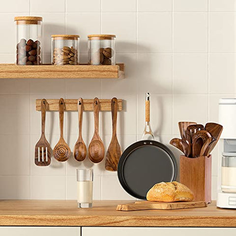 WOODME teak utensil set features hanging hole for easy storage
