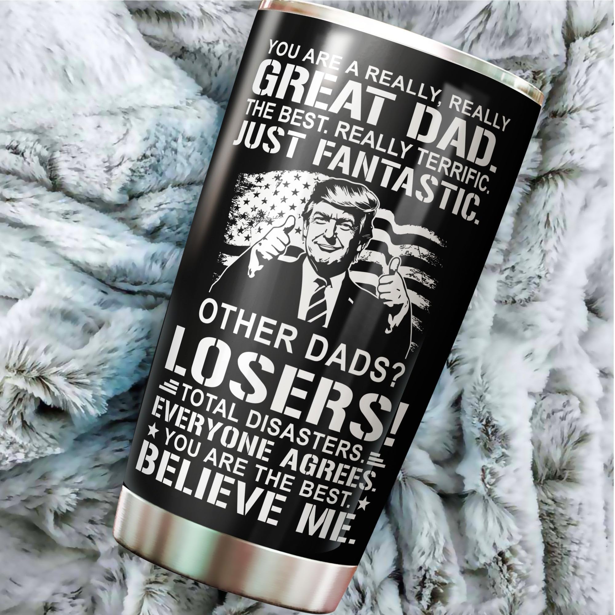 WOOKOO Dad Tumbler keeps cold drinks cool for hours on trips.