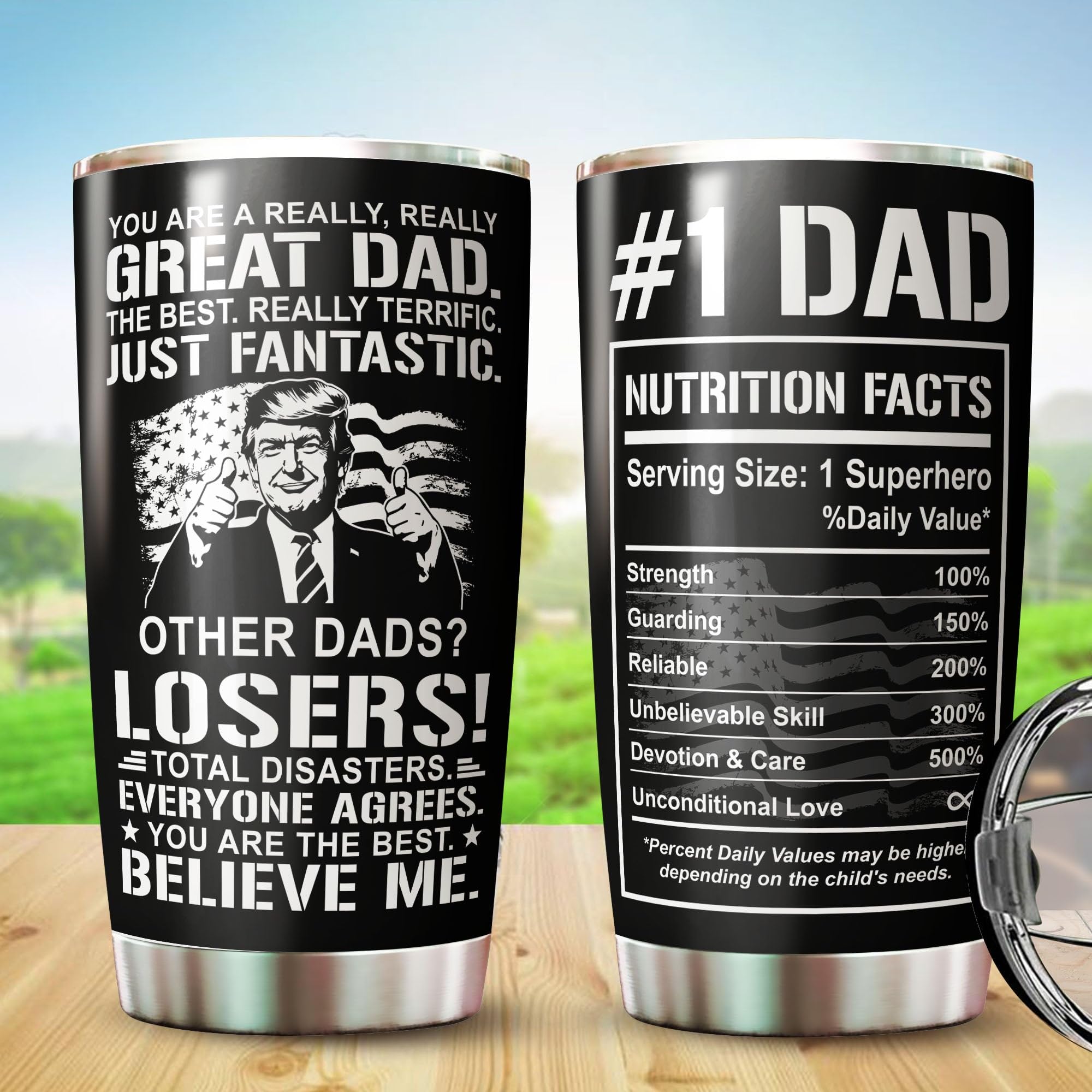 WOOKOO Dad Tumbler with spill-resistant lid for on-the-go use.