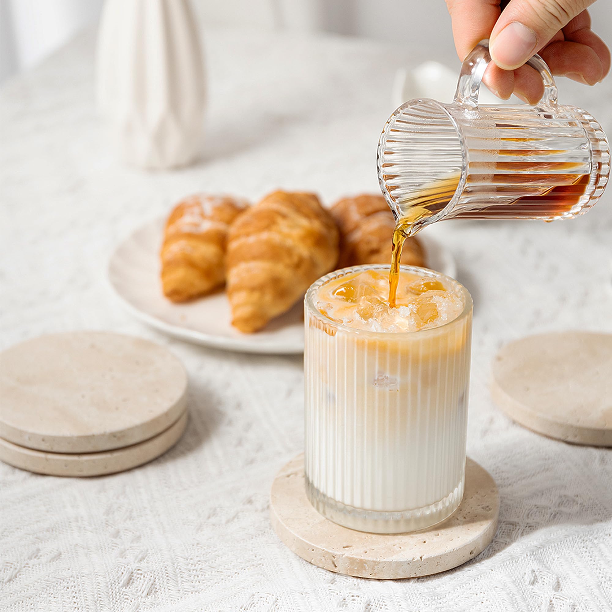 WORHE coaster with cork backing demonstrates anti-slip base and stability.