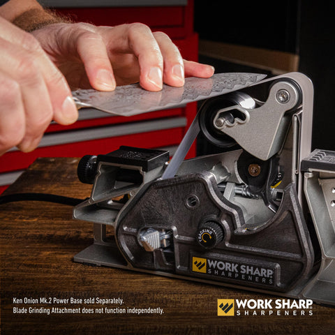 Close-up of the belt system on the Work Sharp blade grinder attachment demonstrates versatility.