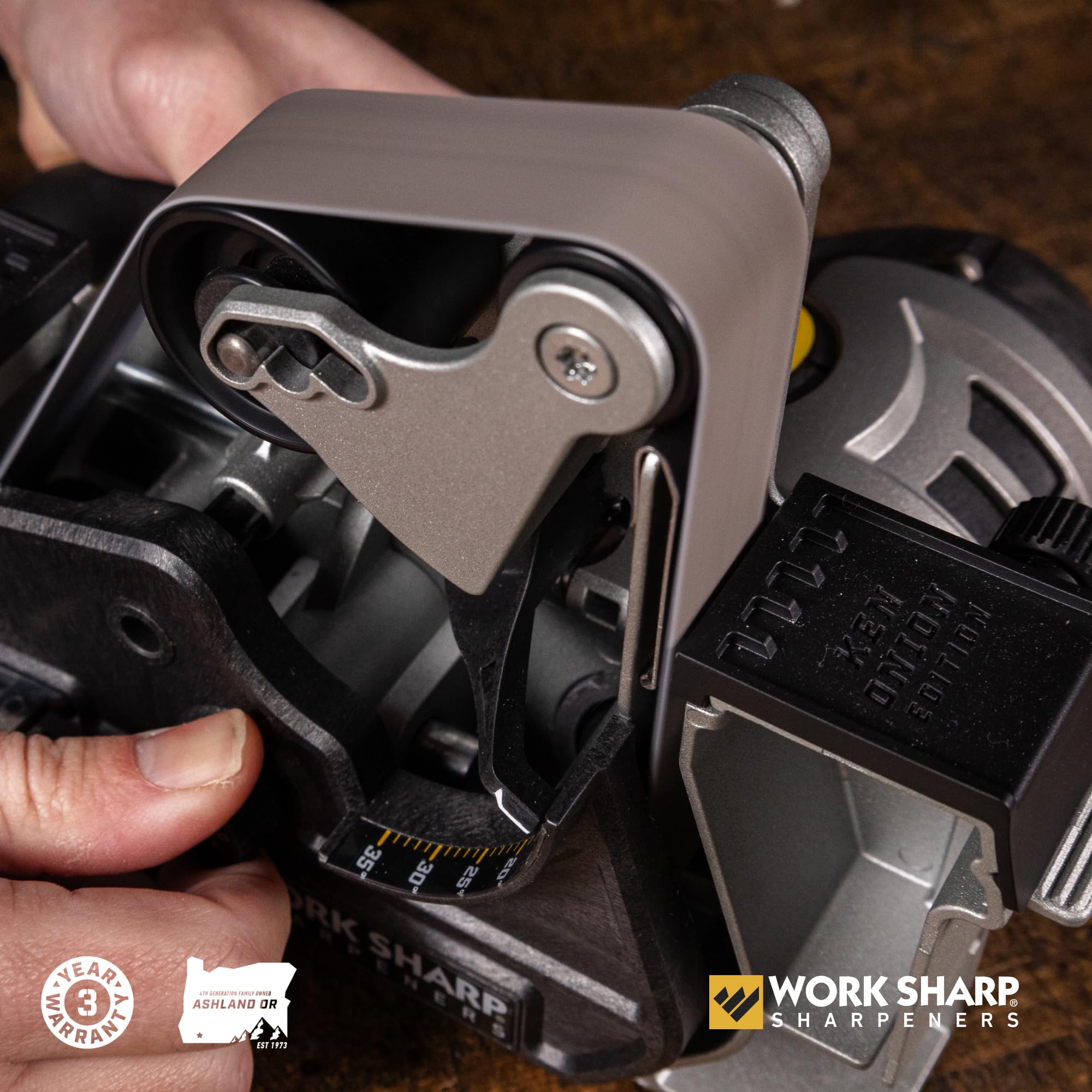 Home workshop setup using the Work Sharp blade grinder attachment for consistent edges.