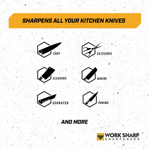 Sharpens kitchen scissors and poultry shears along with knives.