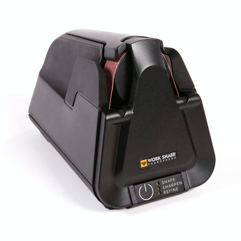 Work Sharp E5 in action with flexible belts delivers sharp, factory-grade edge.