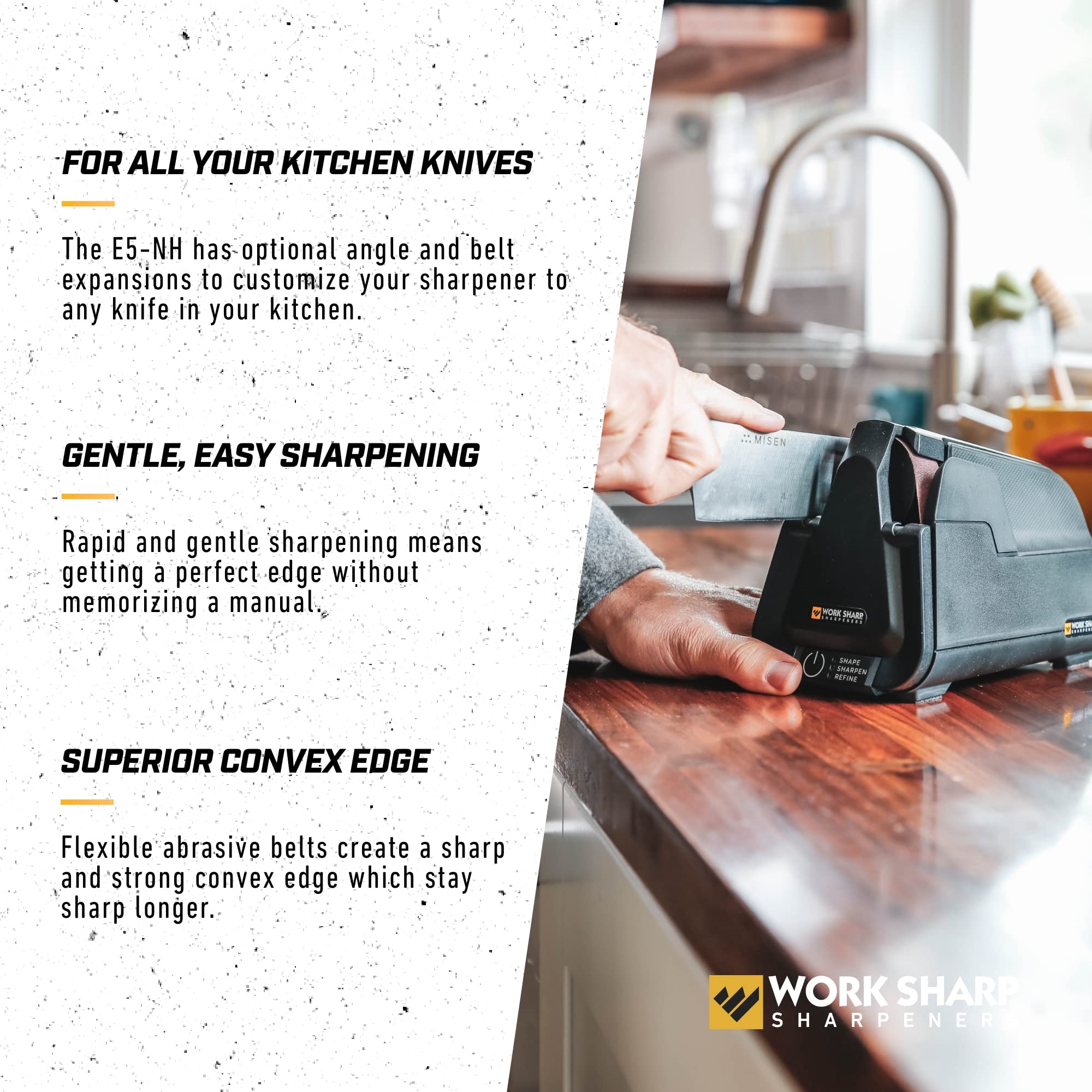 Work Sharp E5 adapts to various knife styles and brands for versatility.