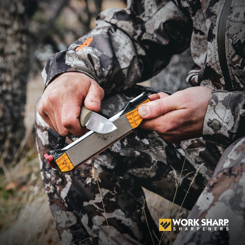 Work Sharp Guided Field Sharpener 3-Pack in rugged outdoor environment.