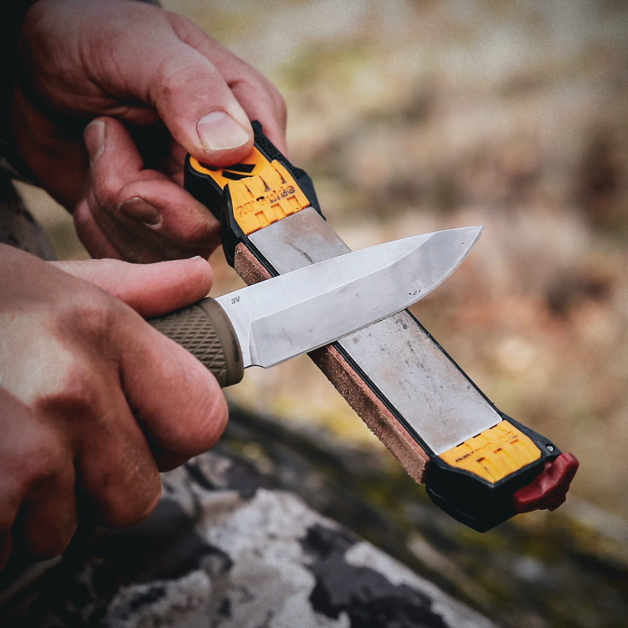 Work Sharp Guided Field Sharpener 3-Pack with leather strop for edge finishing.