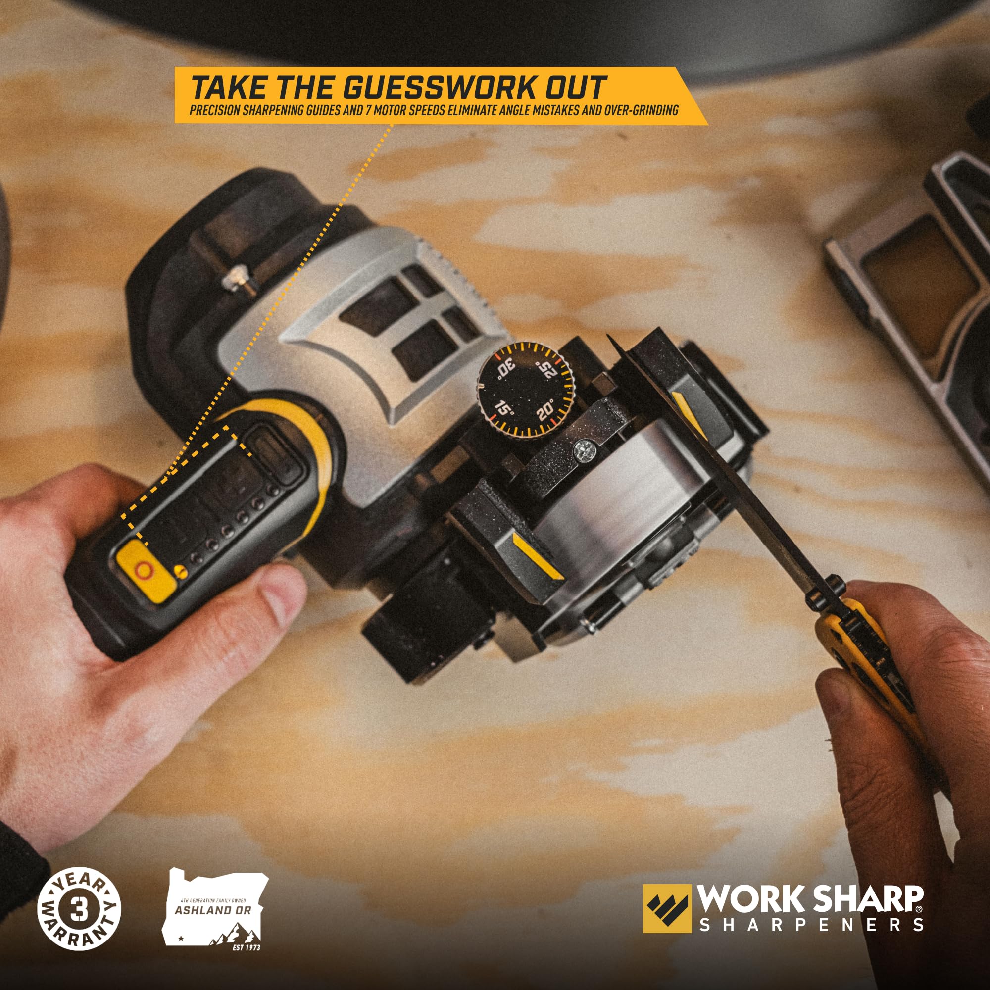 Work Sharp Ken Onion belt system close-up emphasizing flexible belts for versatile sharpening.