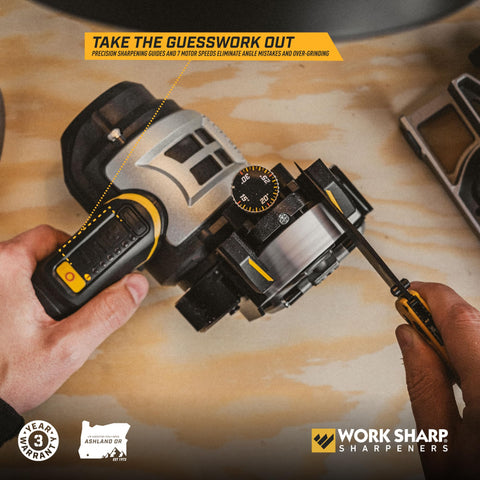 Work Sharp Ken Onion belt system close-up emphasizing flexible belts for versatile sharpening.