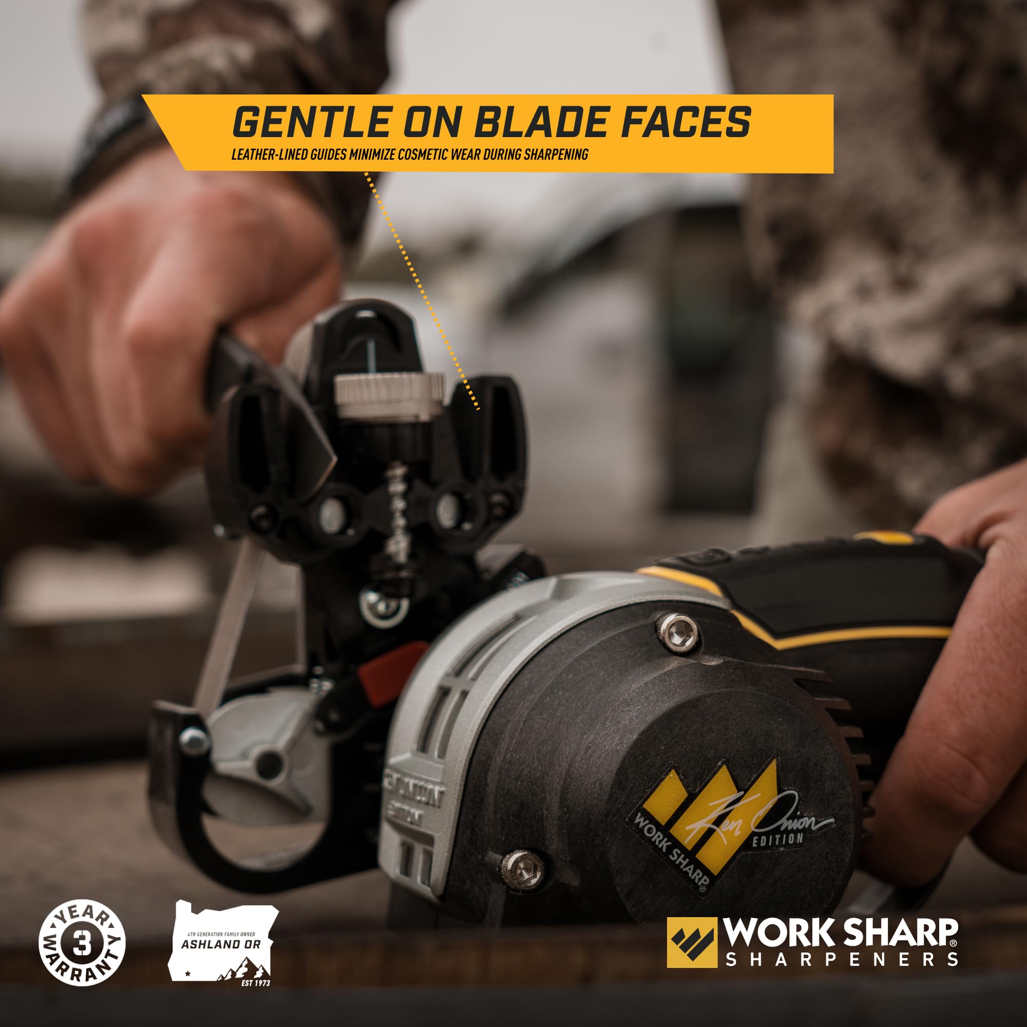 Work Sharp Ken Onion ergonomic housing supports comfortable, stable sharpening sessions.