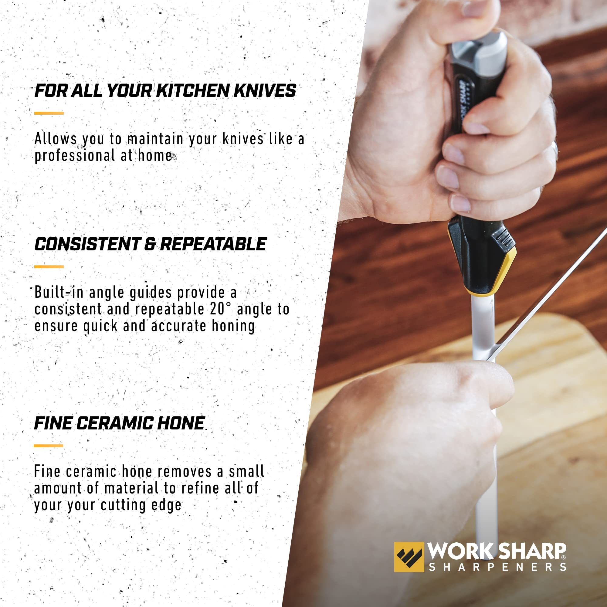 Work Sharp honing rod on cutting board with rubber tip for stable honing.