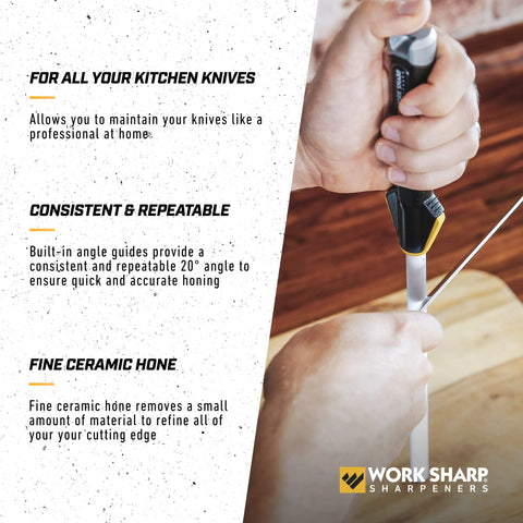 Work Sharp honing rod on cutting board with rubber tip for stable honing.