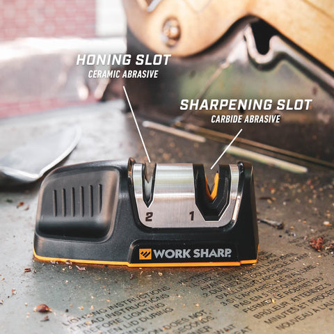 Work Sharp convex carbide sharpening showing edge formation for longer-lasting sharpness.