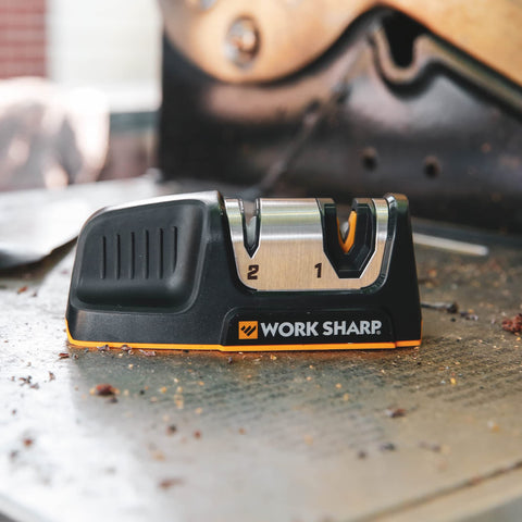 Work Sharp shown with chef knife for versatile kitchen sharpening.