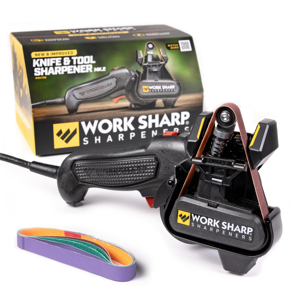 Work Sharp Mk2 sharpener with belts for fast, precise edge restoration.