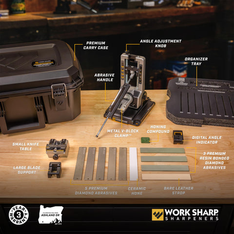 Work Sharp Professional Precision Adjust Elite with digital angle indicator enables precise edge tuning.