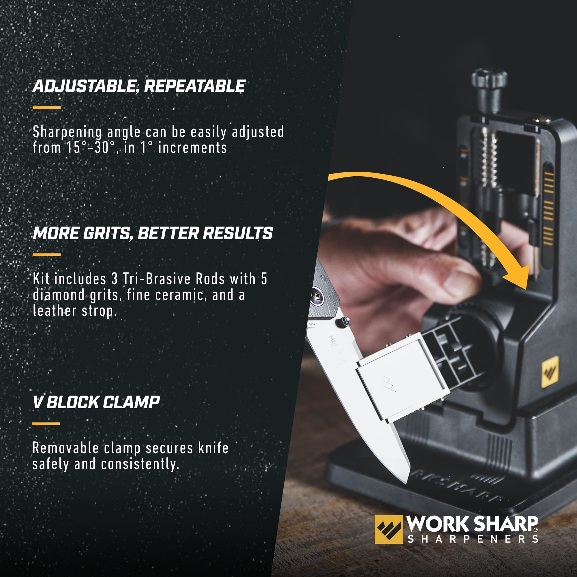 Work Sharp Tri-Brasive Assembly featuring 220–400 grit fast edge restoration.