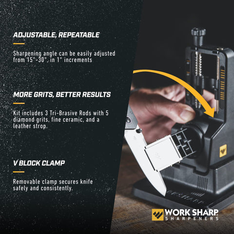 Work Sharp Tri-Brasive Assembly featuring 220–400 grit fast edge restoration.