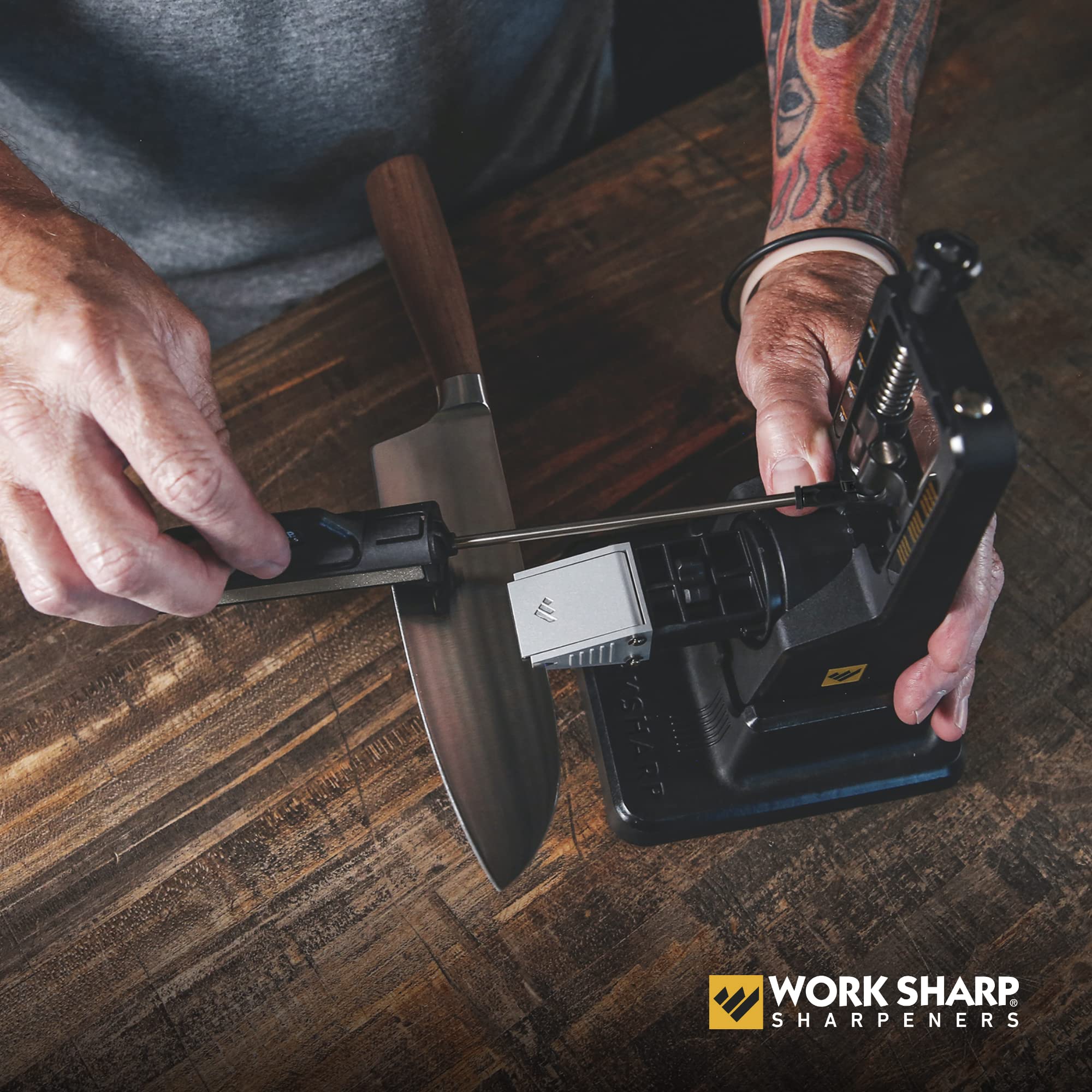 Work Sharp Tri-Brasive Assembly with 600–800 grit finishes and hones edges.