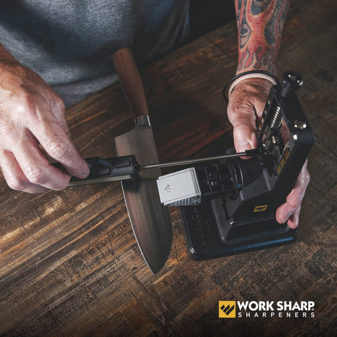Work Sharp Tri-Brasive Assembly with 600–800 grit finishes and hones edges.