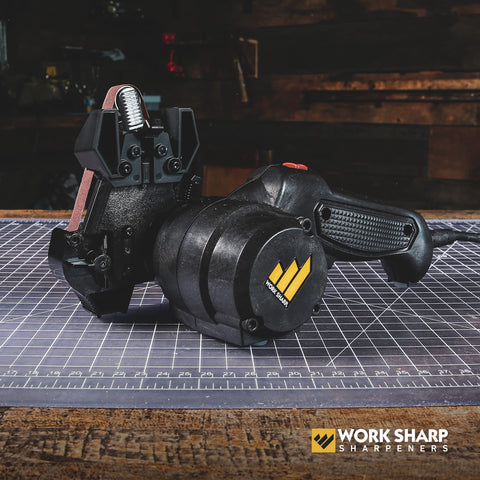 Two-speed motor provides controlled sharpening for tough blades.