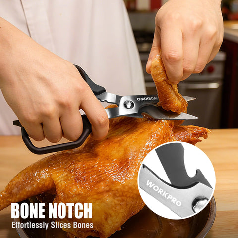 WORKPRO scissors include a bone notch for poultry tasks.